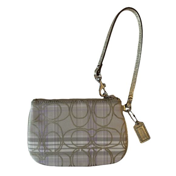 Coach Wristlet Beige Gold Lavender Plaid Small Gold Leather Plus Fob - Picture 1 of 5